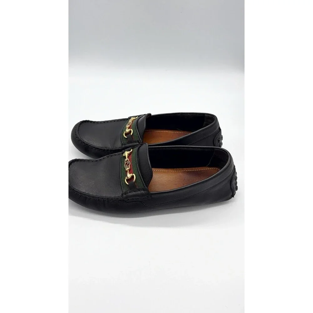 GUCCI Driver Men's Black Leather Horsebit With Web Loafers New UK 7 US 7.5